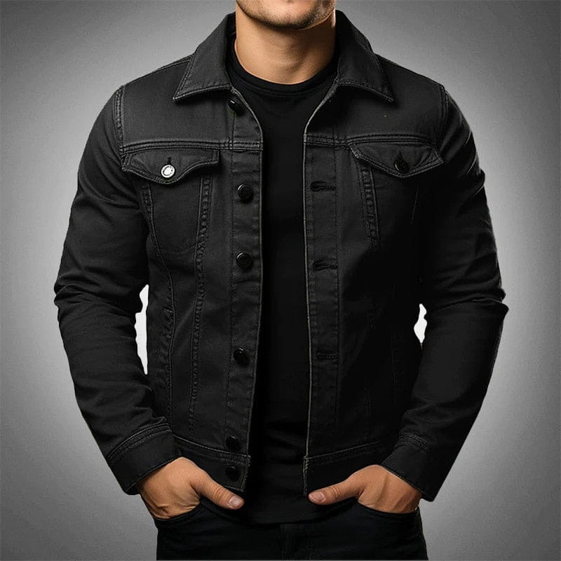 Men denim jacket solid color cotton utility coat in black with classic button-front design and chest pockets.