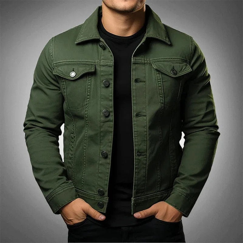 Men denim jacket in olive green cotton featuring a classic button-front design and chest pockets as a solid color utility coat.