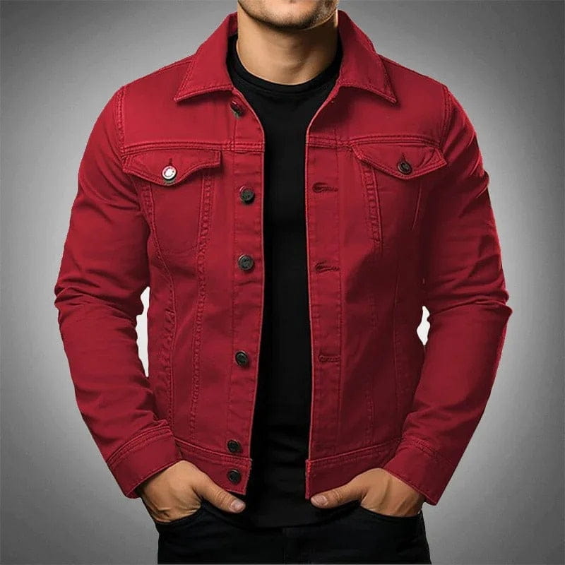 Men denim jacket solid color cotton utility coat featuring a vibrant red denim fabric with black buttons and classic chest pockets.