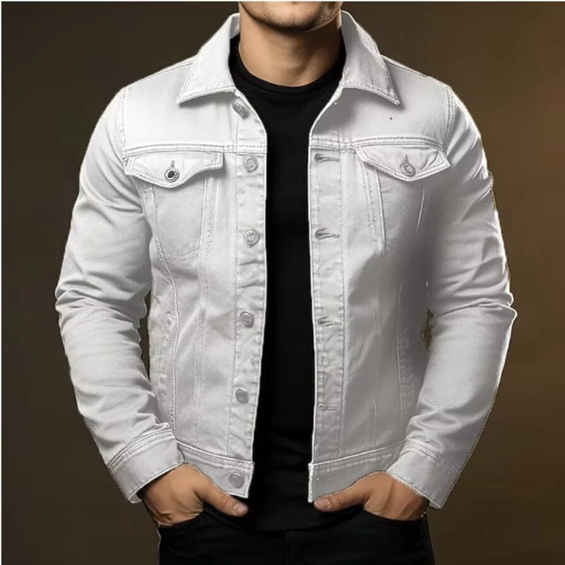 men denim jacket solid color cotton utility coat in white denim with classic button-front design and chest pockets