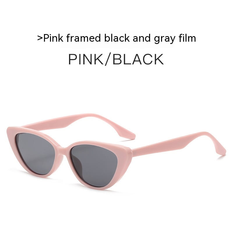 Rosa eingefasste Retro-Chic-Cat-Eye-Sonnenbrille mit schwarzen und grauen getönten Gläsern, entworfen für stilvollen Sonnenschutz.