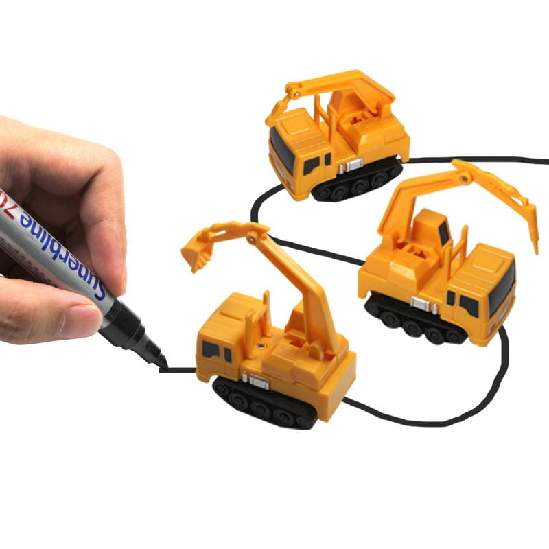 yellow plastic inductive magic pen toy truck with black tracks and articulated arms designed as a construction vehicle toy set