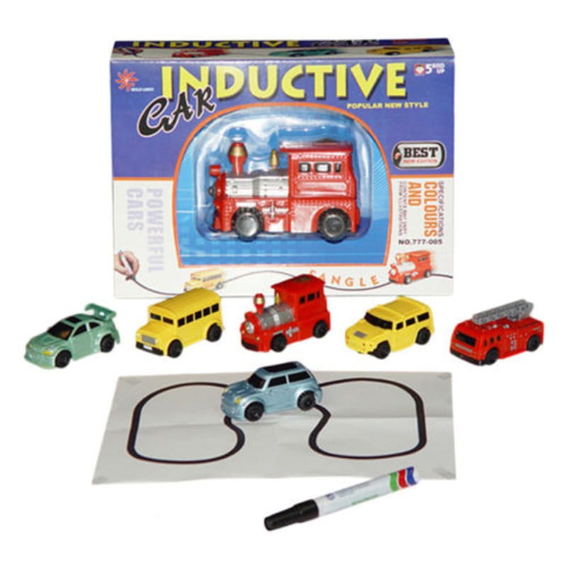 Red and silver toy fire engine with black wheels packaged in a blue box labeled inductive car featured in the Inductive Magic Pen Toy Truck Following Car product.