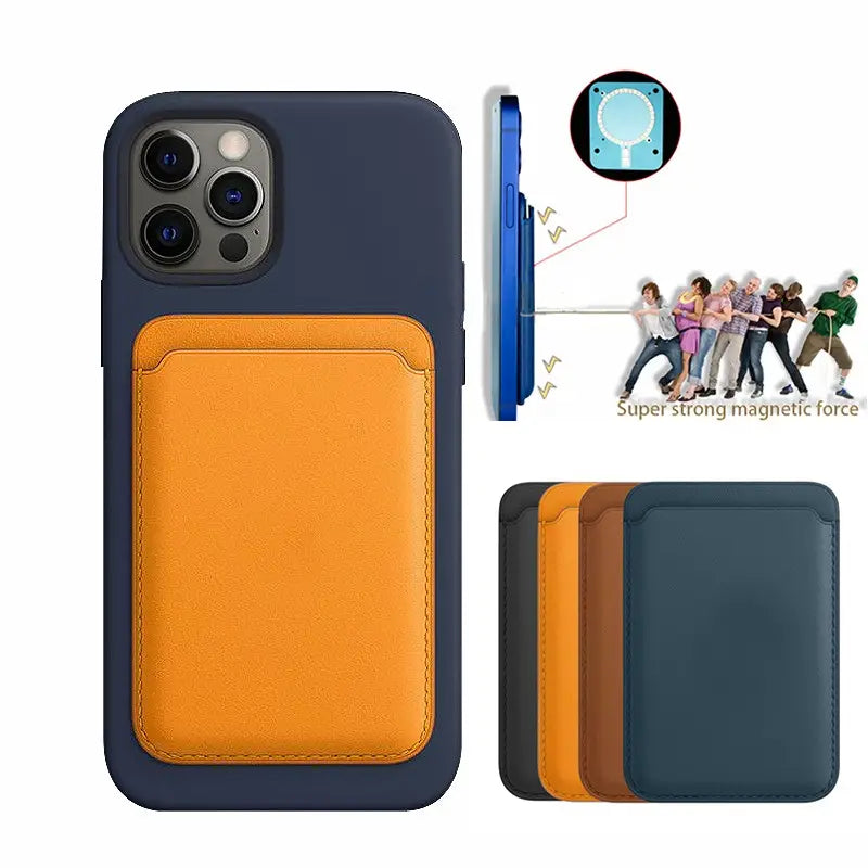 Navy blue and orange magnetic leather wallet card holder for iPhone 14 13 12 shown from the back with a leather-like card slot.