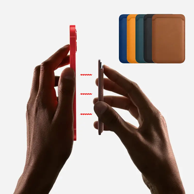 Red leather magnetic iPhone MagSafe wallet with card slots designed for iPhone 14 13 12 models.