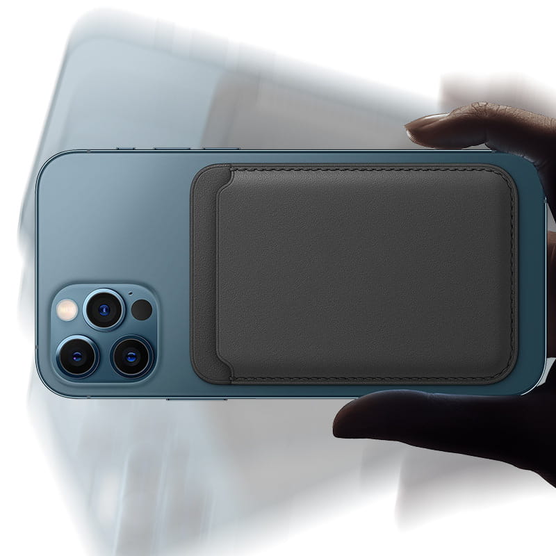 dark gray leather magnetic card holder attached to the back side of a blue iphone in a magnetic leather wallet card holder for iphone 14 13 12.