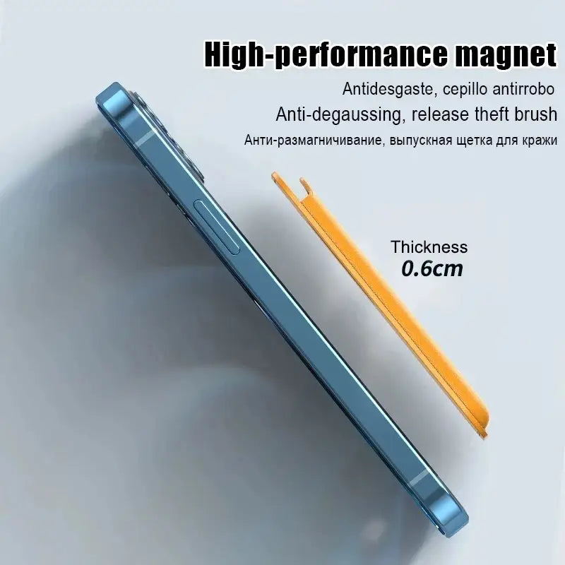 blue smartphone with sleek metallic edge and integrated camera module positioned next to orange anti-theft magnet tool alongside magnetic leather wallet card holder for iphone 14 13 12