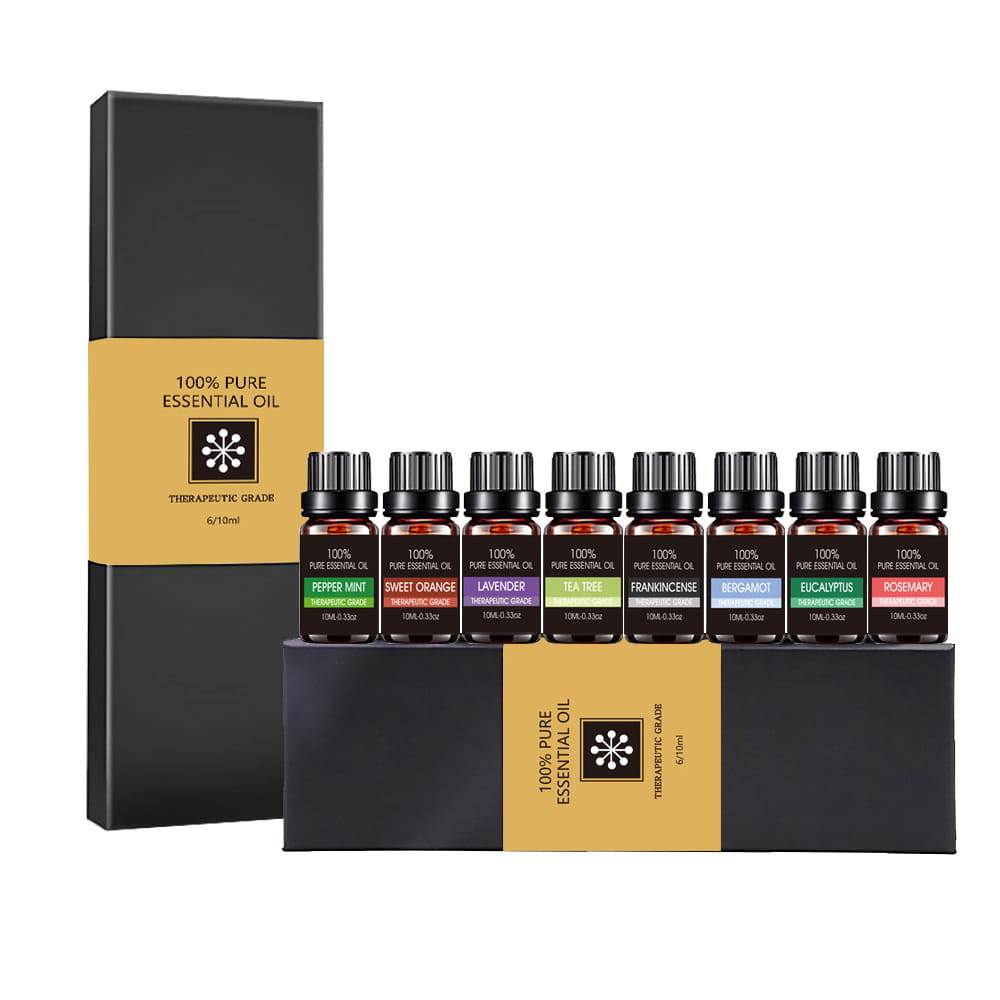 Set aus sechs 10-ml-Amberglas-Össenzfläschchen für ätherische Öle mit schwarzen Verschlüssen und farbenfrohen Etiketten in einer eleganten schwarzen Geschenkbox für Aromatherapie.