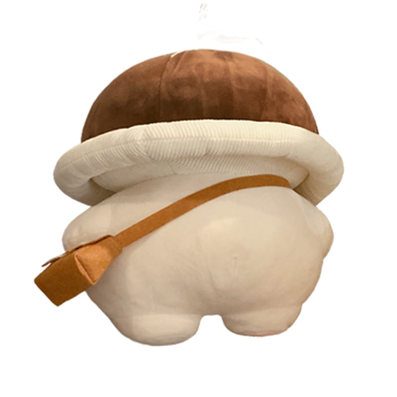 Cute brown and cream mushroom plush pillow made of corduroy with a tan strap designed as a bread shape doll toy.
