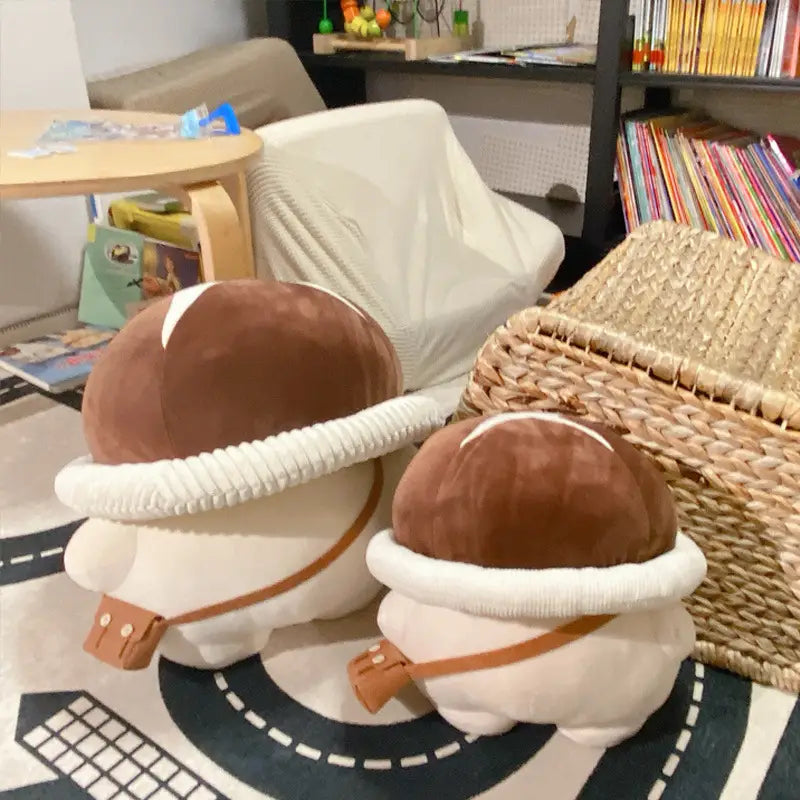 Cute brown and white mushroom plush pillow made of corduroy with ribbed cuffs and tan straps designed as a bread shape doll toy.