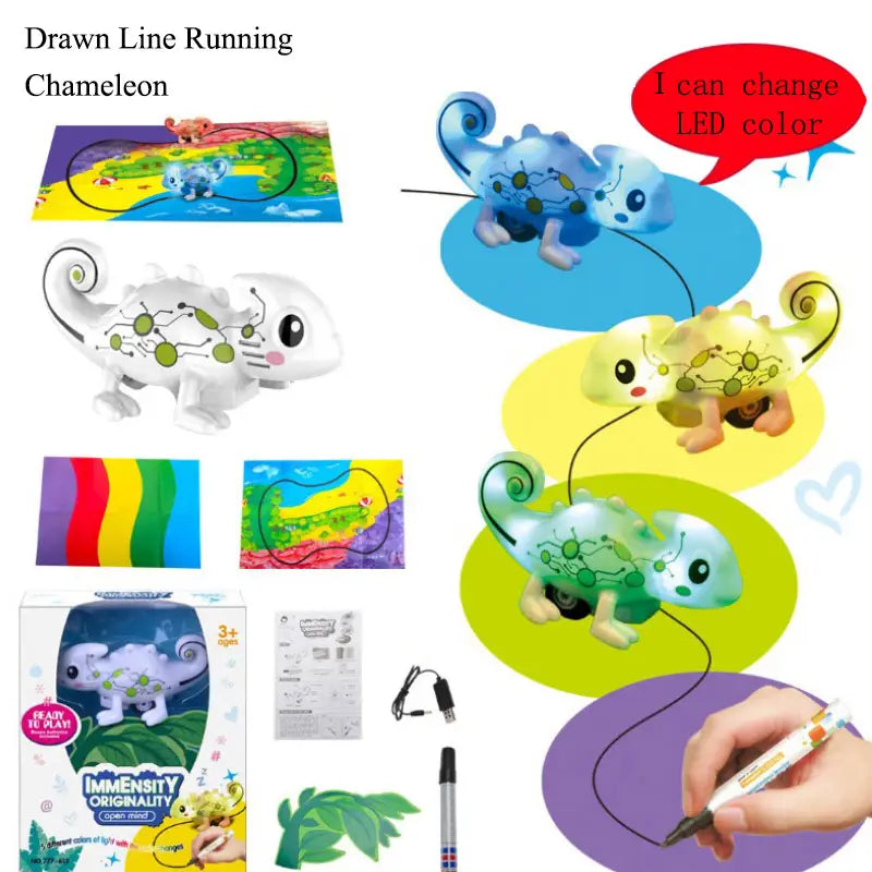 a white cartoonish chameleon toy with green circuit-like patterns and color-changing led lights designed as an inductive robot penguin toy that follows black lines