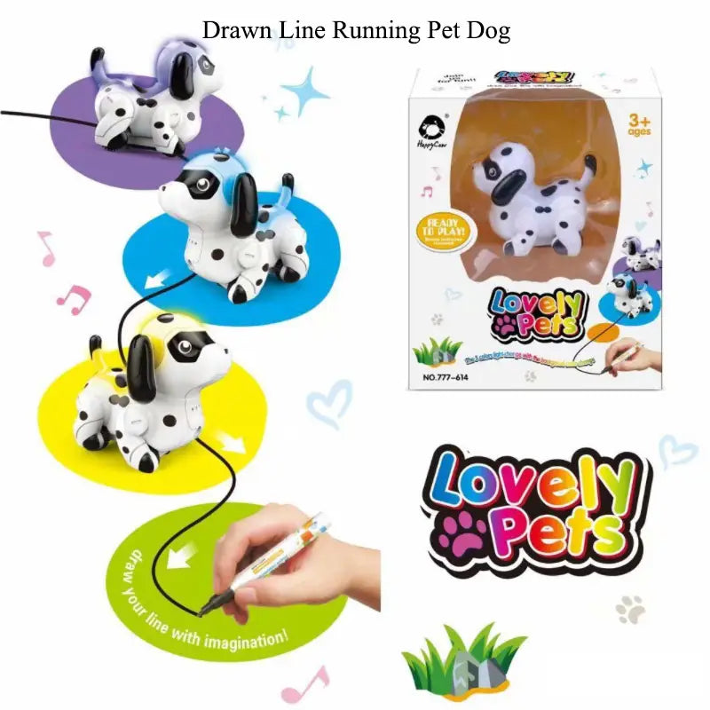 white and black spotted dalmatian style inductive robot toy dog featuring a playful design and an interactive drawn line running pet dog feature for following black lines