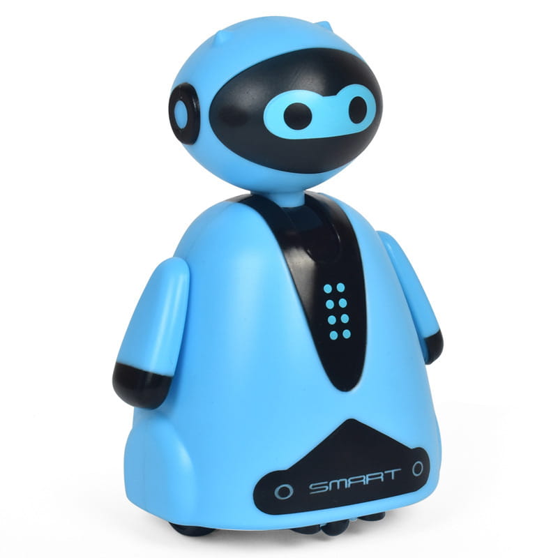 A light blue and black inductive robot penguin toy with a rounded head, glowing eyes, and a smart label on its chest designed to follow black lines.