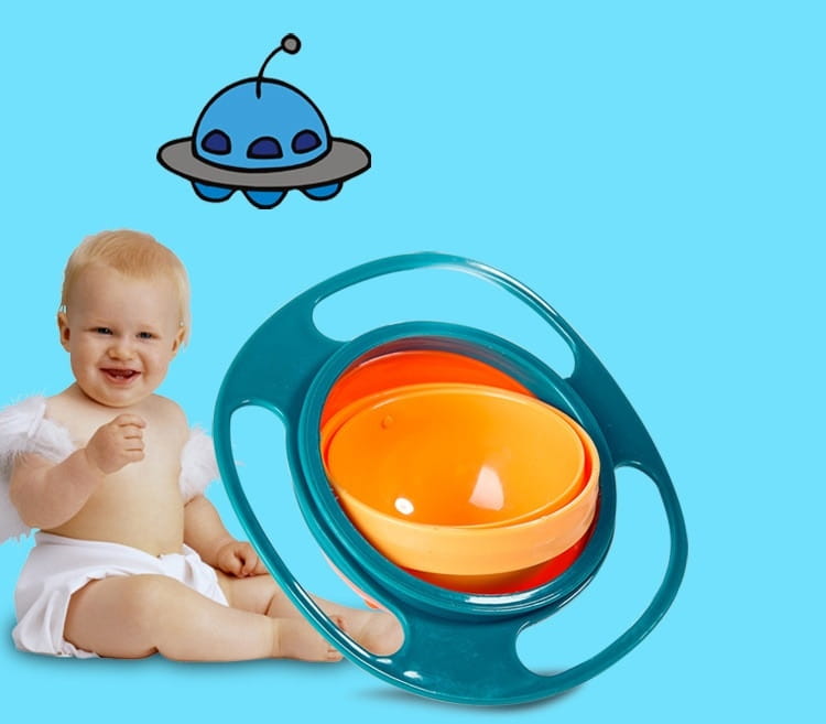 Tazón universal para alimentación de bebé con rotación universal de 360 grados a prueba de derrames en color verde azulado, tridimensional, con un tazón interior naranja y una base roja.