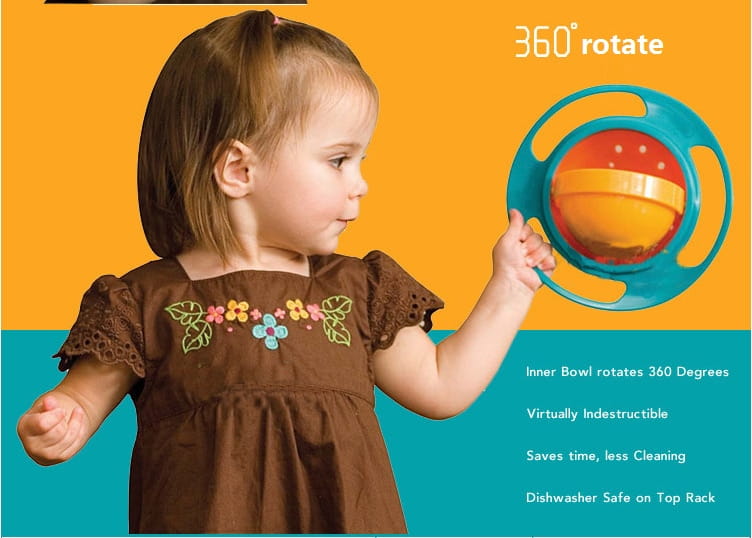 Juguete de tazón giratorio azul y naranja con un asa circular diseñada como un tazón universal para alimentación de bebé a prueba de derrames con rotación universal de 360 grados.