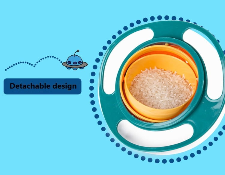 Tazón desmontable para alimentación de bebé en verde azulado y naranja, con un diseño circular ergonómico y una función de rotación universal de 360 grados a prueba de derrames para facilitar la alimentación.