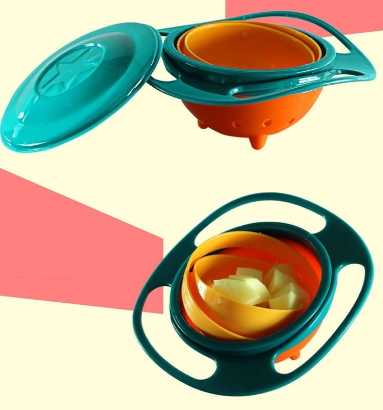 Tazón para alimentación de bebé a prueba de derrames de doble capa en verde azulado y naranja, con tapa con forma de estrella diseñada para un uso universal de rotación de 360 grados a prueba de derrames.