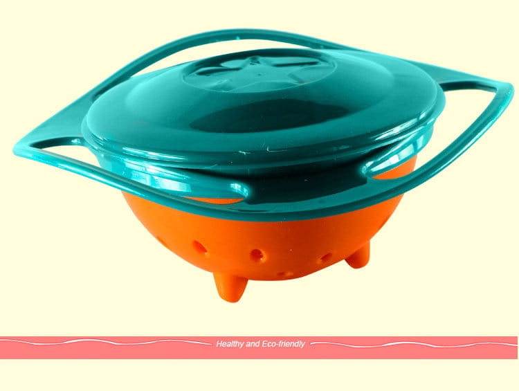 Tazón universal para alimentación de bebé a prueba de derrames de plástico en color naranja brillante y verde azulado, con rotación universal de 360 grados, y tapa que presenta un diseño de huella de pata.
