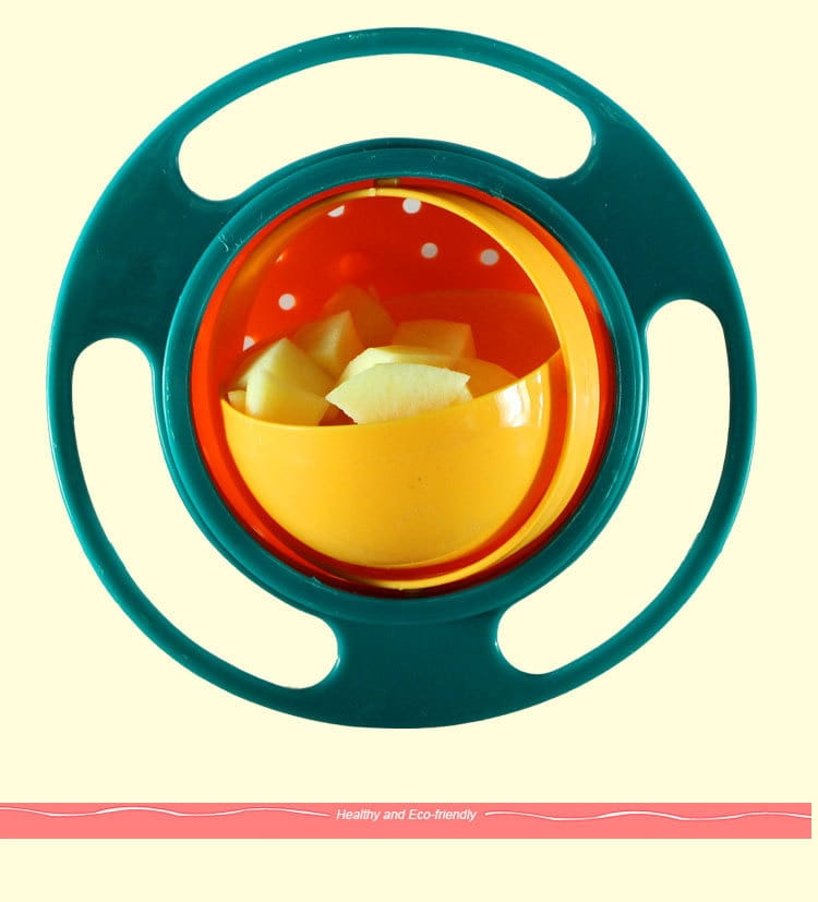 Tazón universal para alimentación de bebé a prueba de derrames de plástico en naranja vibrante y amarillo, con rotación universal de 360 grados, con asas de plástico verde azulado diseñadas para facilitar la alimentación.