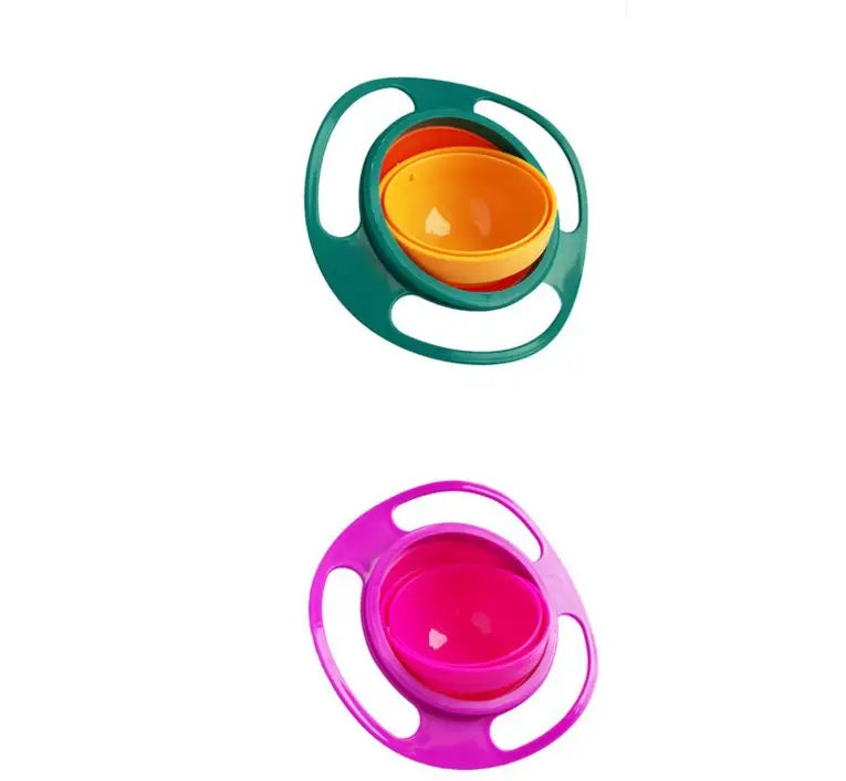 La imagen muestra dos tazones universales para alimentación de bebé coloridos con rotación universal de 360 grados, con diseños de aro exterior verde y rosa.