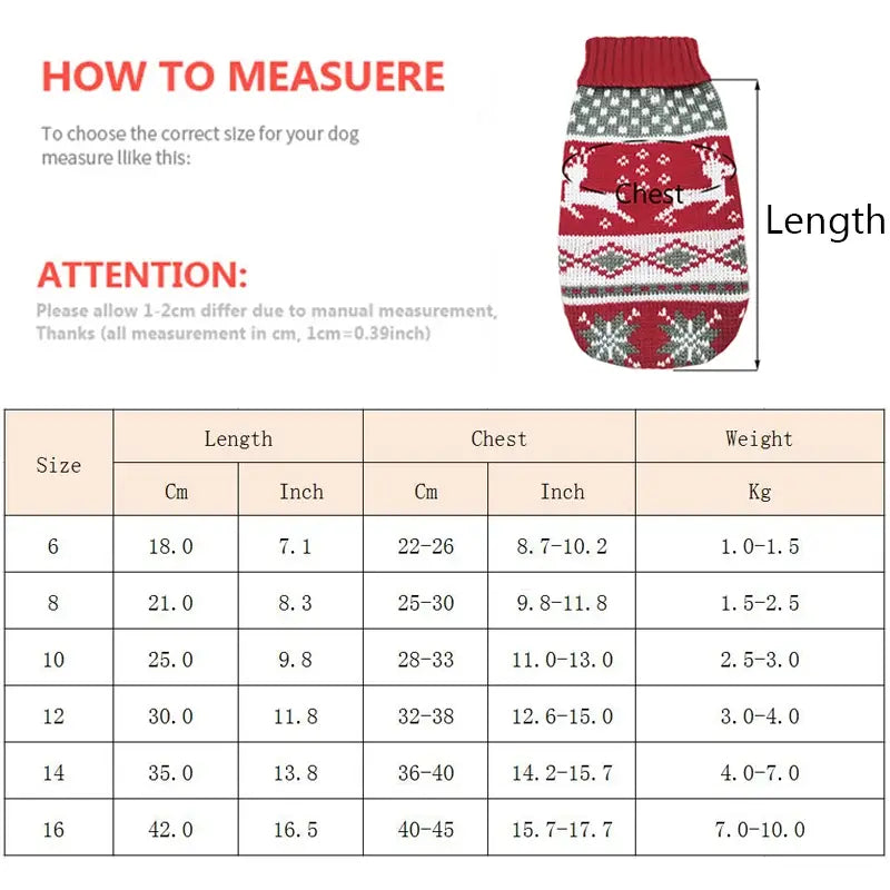 festive knit pet sweater snowflake winter dog apparel featuring a red and white knitted design with reindeer and snowflake patterns.