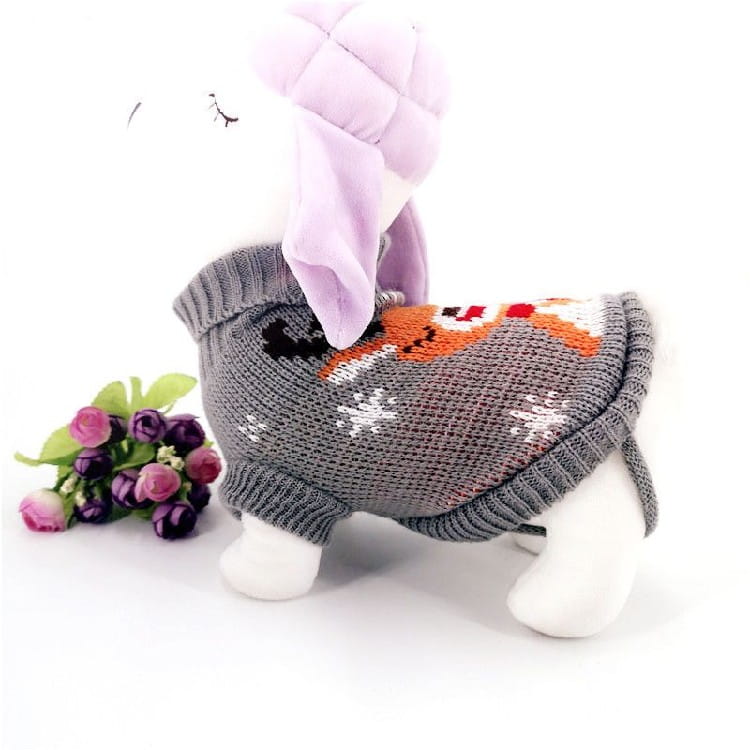 Gray knitted pet sweater with festive reindeer and snowflake pattern featuring a plush lavender hood for winter dog apparel.