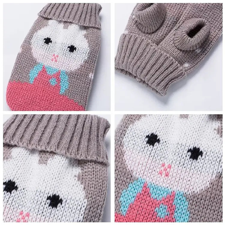 gray knitted baby mittens featuring a cute white bunny with black eyes pink nose and blue bow tie designed for festive knit pet sweater snowflake winter dog apparel.