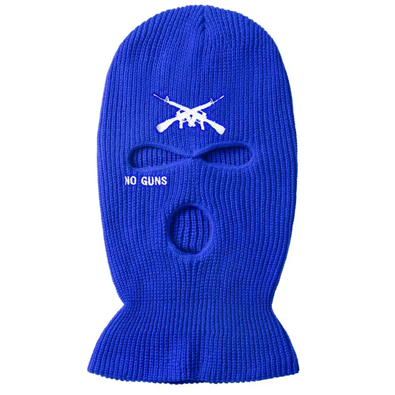 Vibrant royal blue knitted windproof ski mask balaclava featuring white embroidered crossed rifles and no guns text.