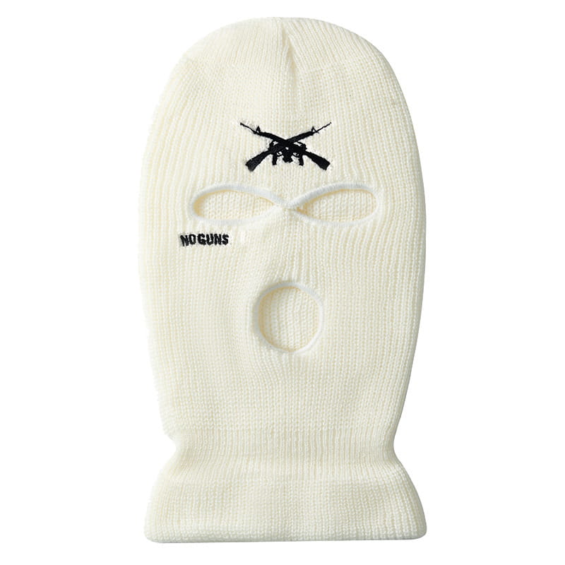 Off-white knitted windproof balaclava ski mask featuring black embroidered crossed guns and no guns text.