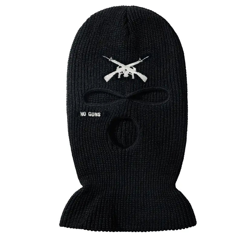 black knitted balaclava with white embroidered crossed rifles and no guns text designed as a windproof ski mask hat