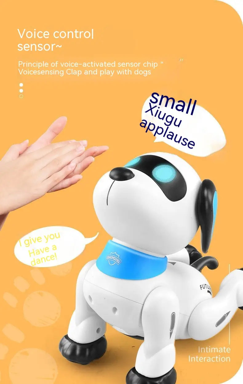 Chien robot télécommandé à membres articulés blanc et noir, yeux lumineux bleus, collier bleu éclatant, conçu pour le jeu interactif et la commande vocale.