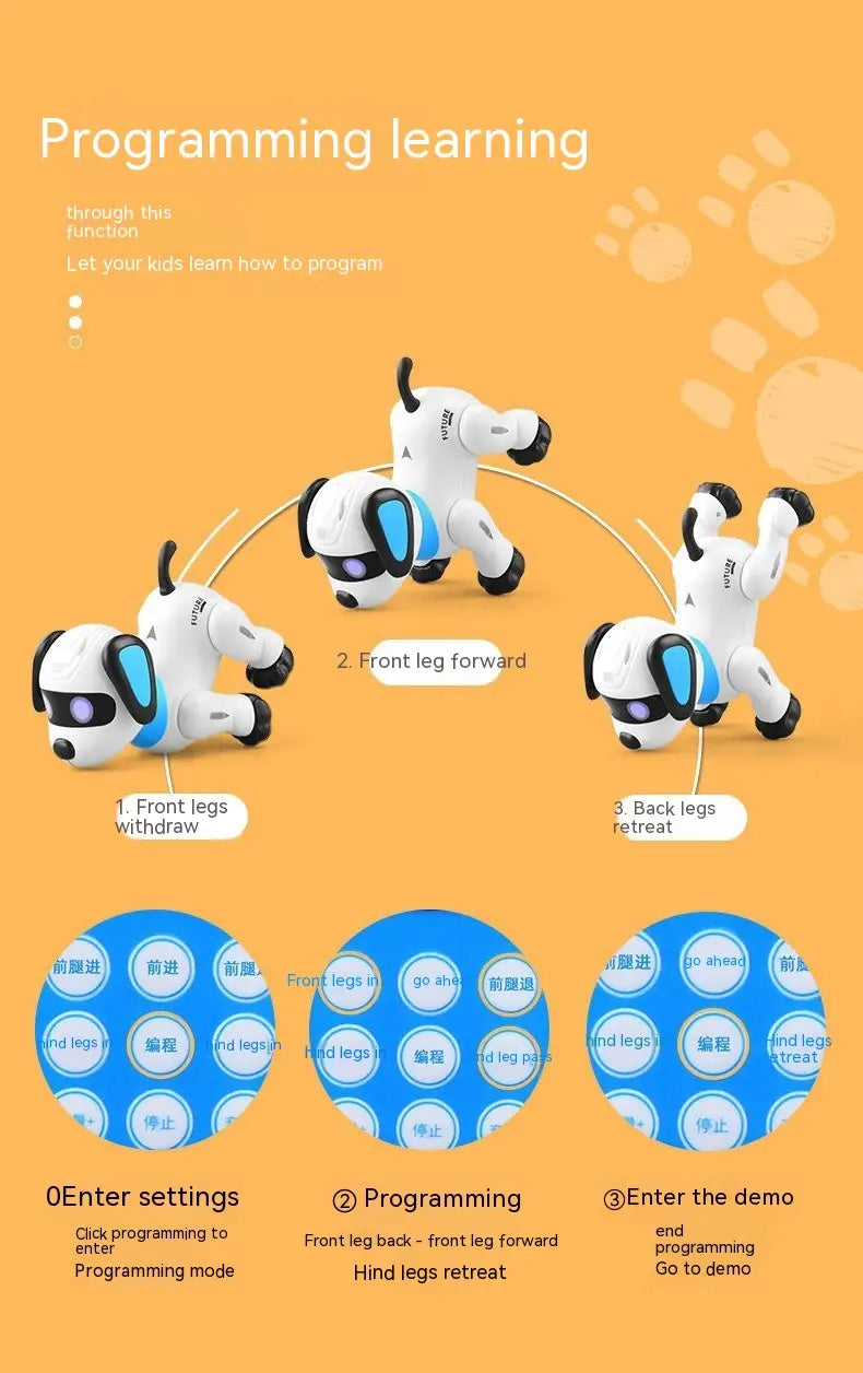 Chien robot télécommandé blanc avec yeux lumineux bleus et coussinets de pattes noirs, conçu pour l’apprentissage de la programmation et l’utilisation comme jouet de commande vocale.
