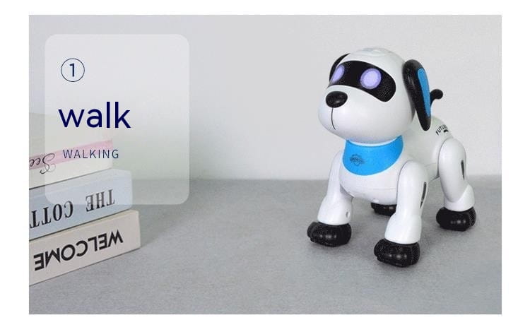 Chien robot télécommandé avec commande vocale, corps en plastique blanc élégant, accents bleus, yeux lumineux pourpres et coussinets de pattes noirs.