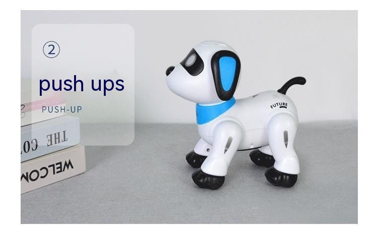Jouet de chien robot télécommandé à commande vocale blanc et bleu avec touches noires, corps en plastique élégant et la mention « future » imprimée sur le côté.