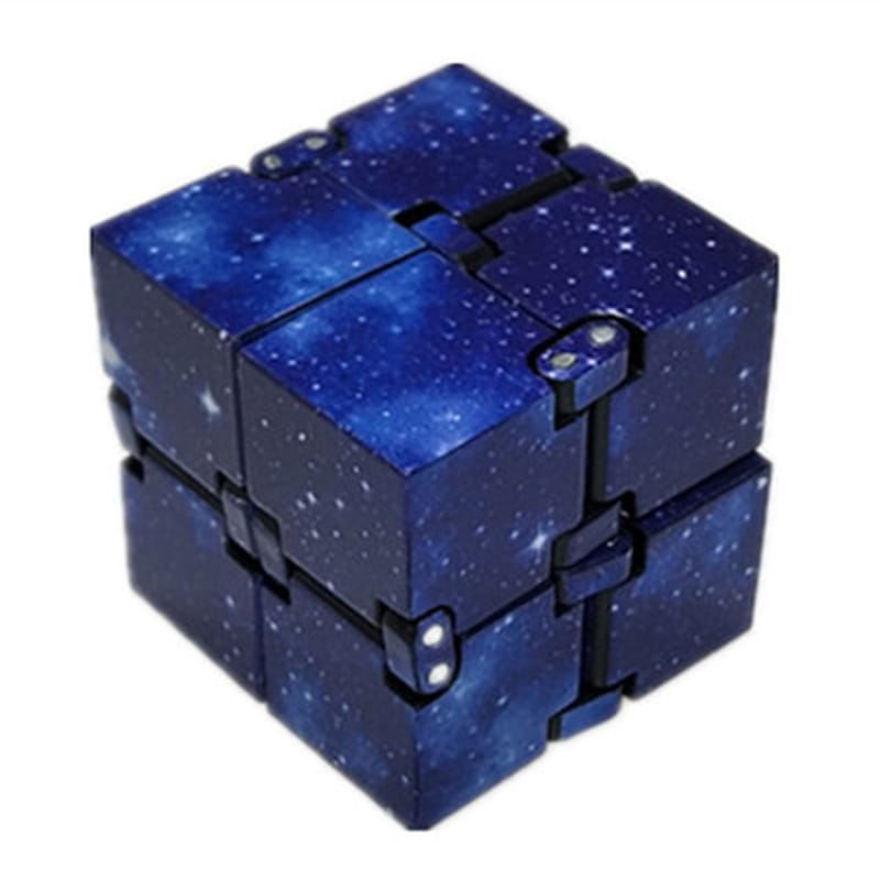 deep blue galaxy-themed infinity cube fidget toy with starry patterns and black interlocking joints designed for stress relief and adhd management.