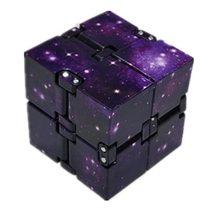 Infinity cube fidget toy for stress relief and ADHD featuring a purple galaxy-themed design with black hinges and silver accents.