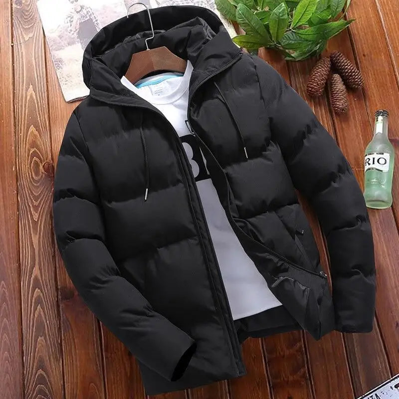 black men’s quilted cotton hooded puffer jacket with front zipper hanging on wooden hanger