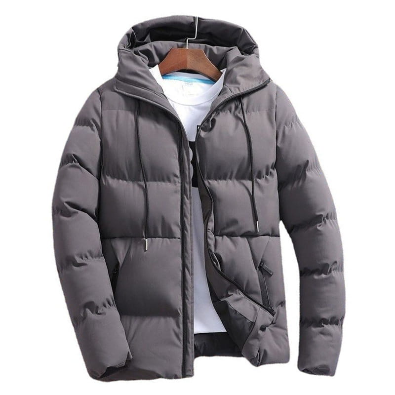 Men’s quilted cotton hooded puffer jacket in dark gray with quilted panels, front zipper, and black drawstrings.