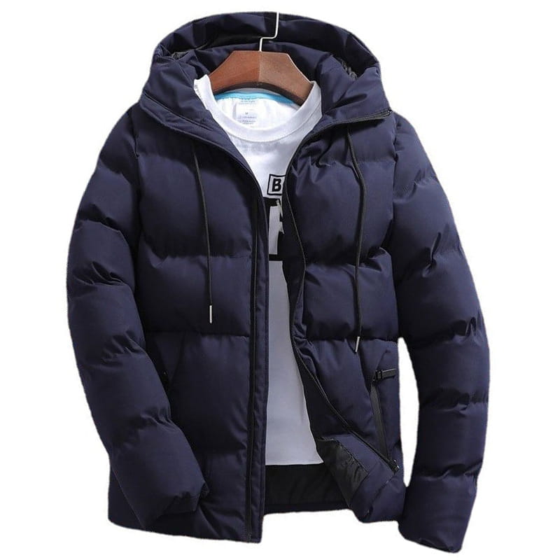 Men’s quilted cotton hooded puffer jacket in dark navy with a hood and black drawstrings.
