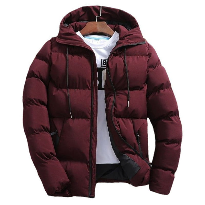 Men’s quilted cotton hooded puffer jacket in maroon with black zipper and drawstrings.