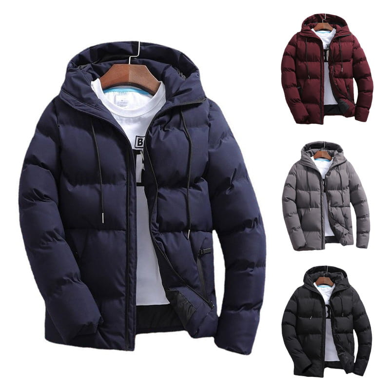 men’s quilted cotton hooded puffer jacket in dark navy with a front zipper, shown in maroon, gray, and black colors.