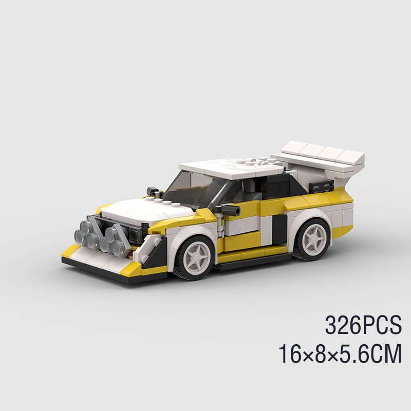 Kit de construcción de coche de rally Lego Quattro S1 amarillo y blanco con detalles negros, diseñado como un juguete de carreras tipo moc.