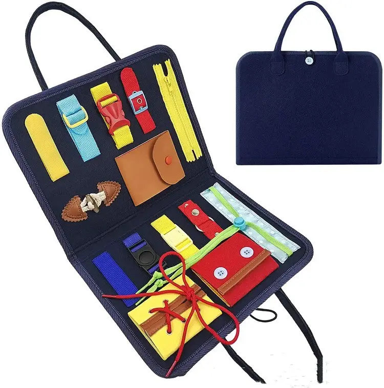 Navy blue felt toddler busy board sensory learning toy featuring colorful fabric fasteners zippers and buttons for tactile play.