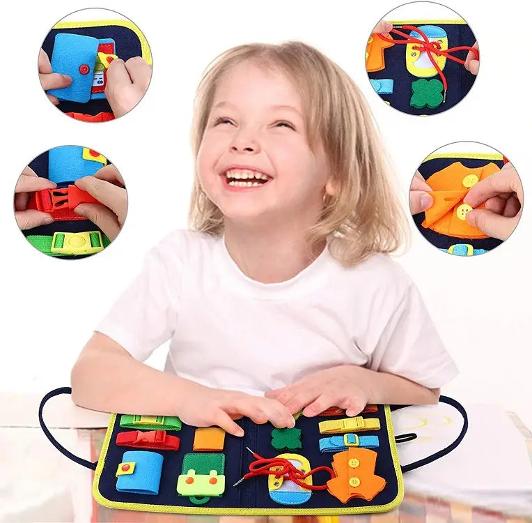 Toddler busy board sensory felt learning toy featuring a colorful felt sensory board with fabric buttons zippers and laces for tactile play.