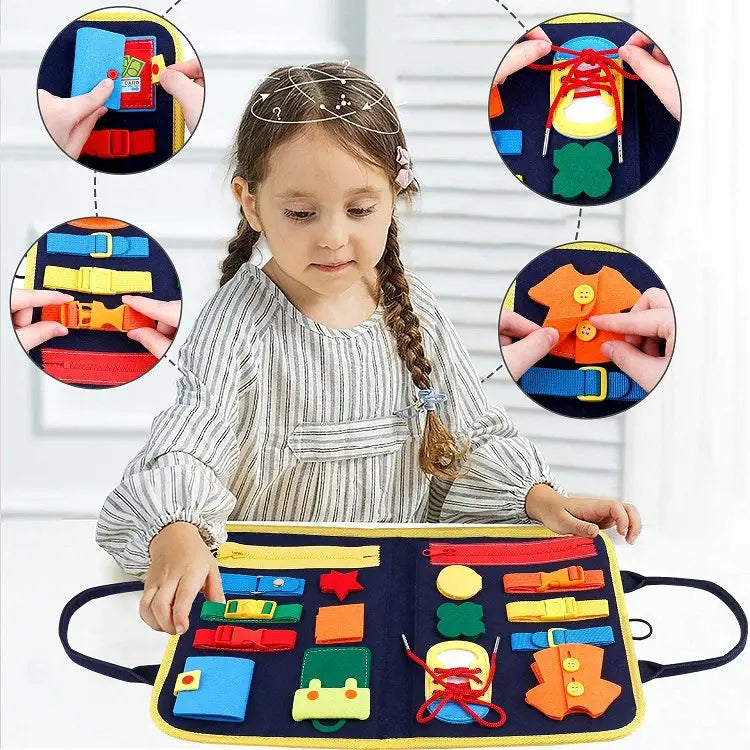 blue felt toddler busy board sensory felt learning toy featuring colorful fabric pieces with zipper buckle button and shoelace attachments for hands-on sensory development