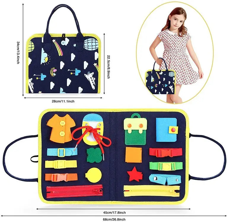 Navy blue felt toddler busy board sensory learning toy with yellow trim and colorful fabric pieces including clothes, zippers, buckles, and a red ribbon for tactile play.