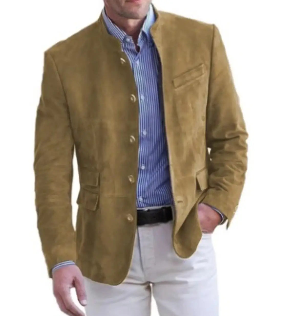 A men’s brown suede business casual blazer jacket featuring a tan suede material with a classic collar and button closure.