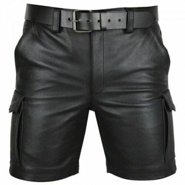 Men’s black pu leather cargo shorts with multi pockets and a matching belt shown from the front view.