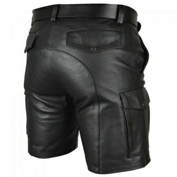 men’s black pu leather cargo shorts featuring multiple pockets and a belt looped through the waistband.