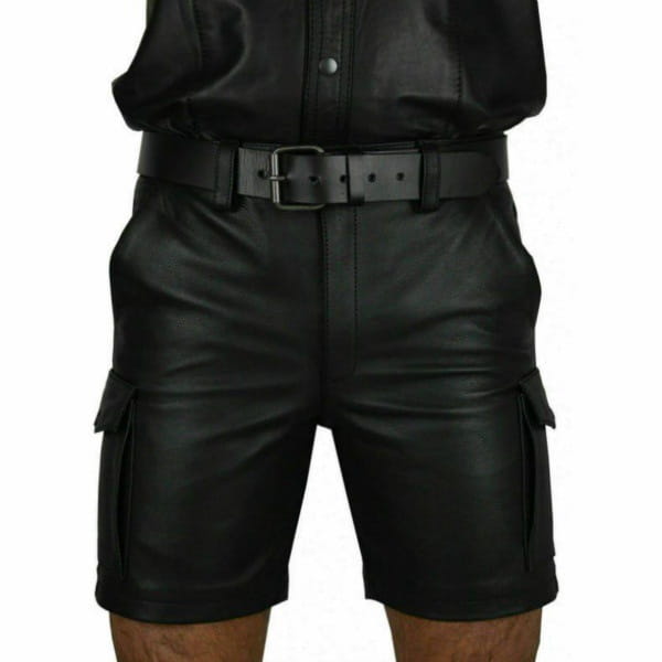 Men’s black PU leather cargo shorts with matte finish and multi side pockets.
